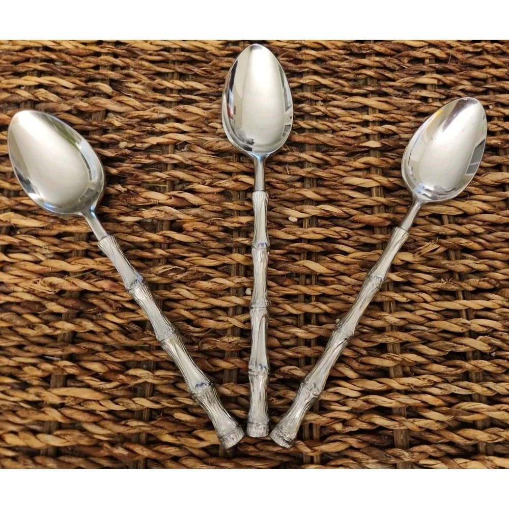 Oxford Hall Jade Bamboo Style Stainless Flatware Japan Teaspoons Set of 3 Silver